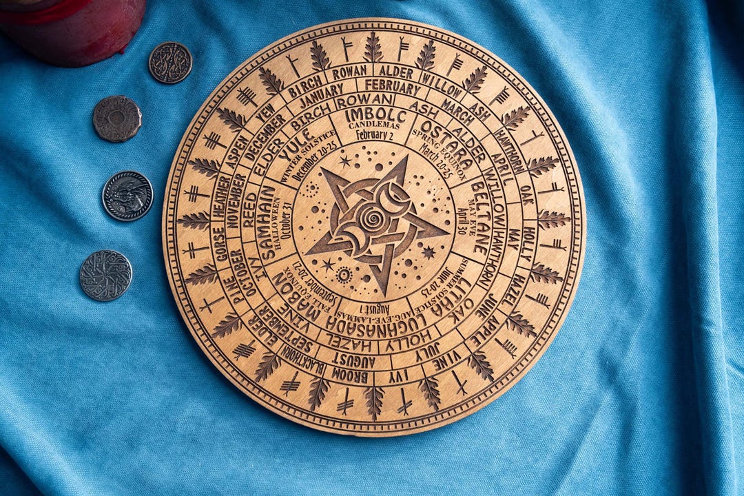 Ogham Runes Calendar Wheel – Wooden Pagan Year Wheel With Moon Phases ...