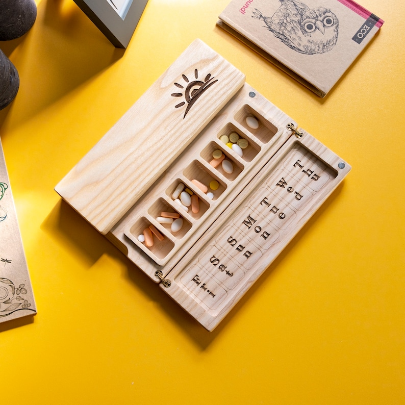 Wood Pill Organizer 7 Day Twice a Day Weekly Pill Box With Two Etsy