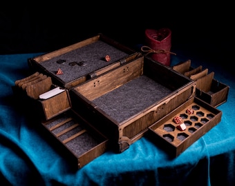 Wooden Card and Dice Organizer Box, RPG Game Storage, D&D Dice Holder, Trading Card Storage Box, Board Game Organizer, Gift for Gamer