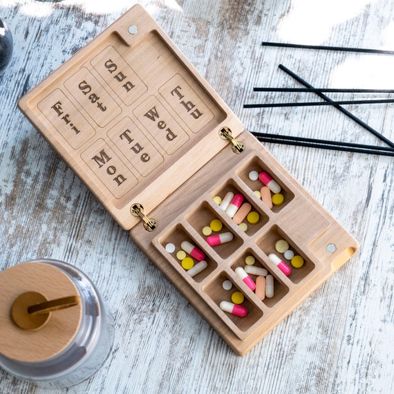 Wood Pill Box 7 Day Decorative Travel Container Weekly Pill Etsy