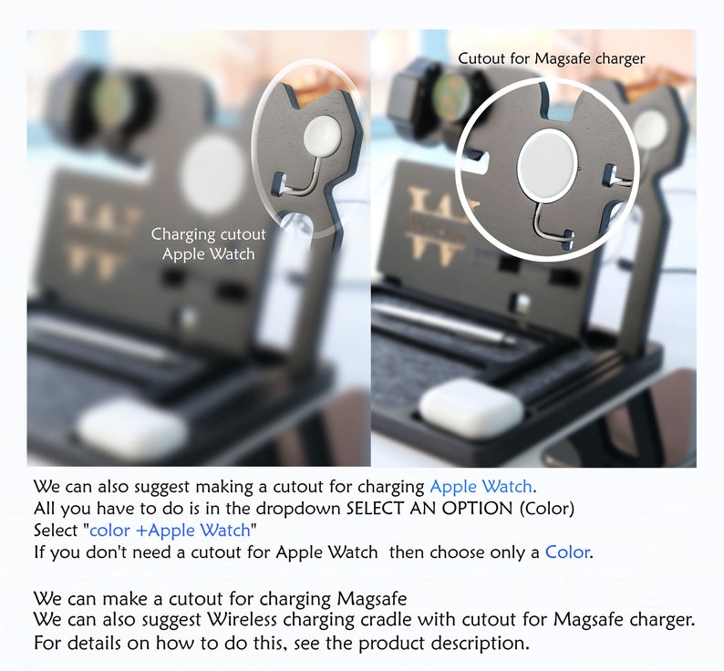 Puede incluir: Un soporte de tel&eacute;fono negro con recortes para cargar un Apple Watch y un cargador MagSafe. El soporte tiene un dise&ntilde;o elegante y moderno y es perfecto para mantener tu tel&eacute;fono y otros dispositivos organizados.