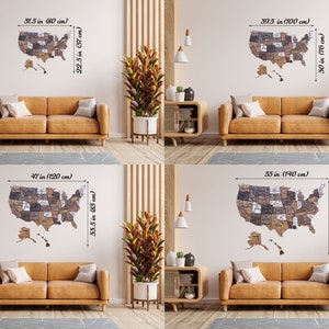 May include: Four images showcasing a US map jigsaw puzzle in various sizes. The map is crafted from wood and has a vintage aesthetic. The puzzle is displayed against a white wall with a sofa and a plant in the foreground. The dimensions of the puzzle are provided in inches and centimetres.