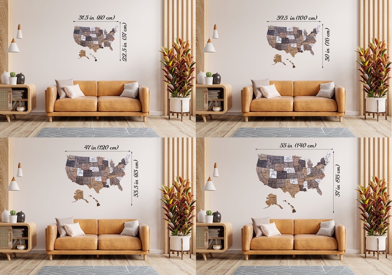 May include: Four images showcasing a US map jigsaw puzzle in various sizes. The map is crafted from wood and has a vintage aesthetic. The puzzle is displayed against a white wall with a sofa and a plant in the foreground. The dimensions of the puzzle are provided in inches and centimetres.