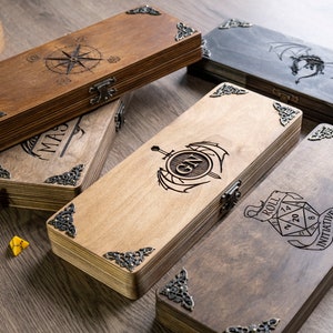 dice vault - has a massive - wooden structure with powerful magnetic - closure for maximum - storage and transfer of a set - of game blocks