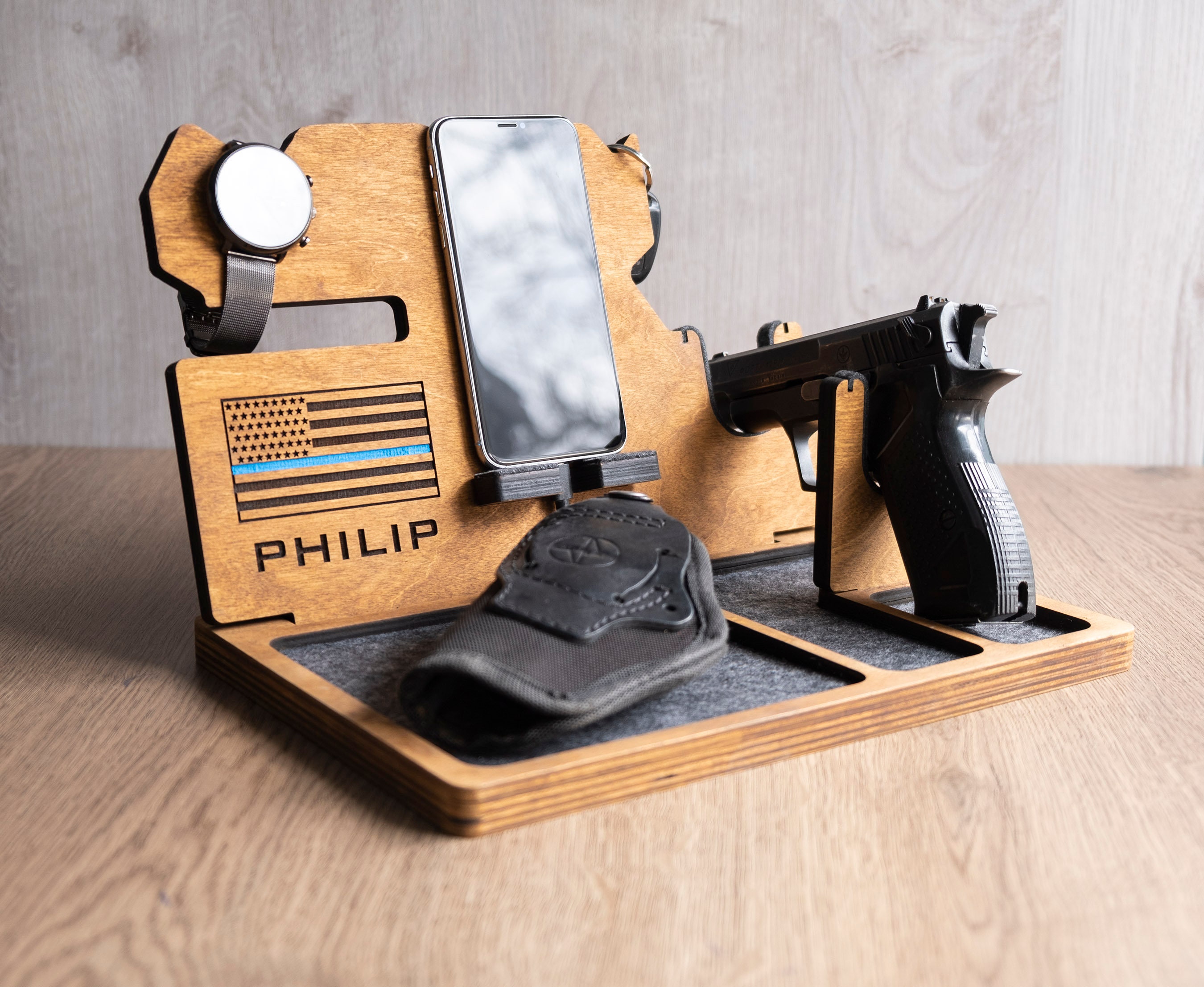 Wood Stand for Gun Nightstand Organizer With Gun Holder Police Etsy UK