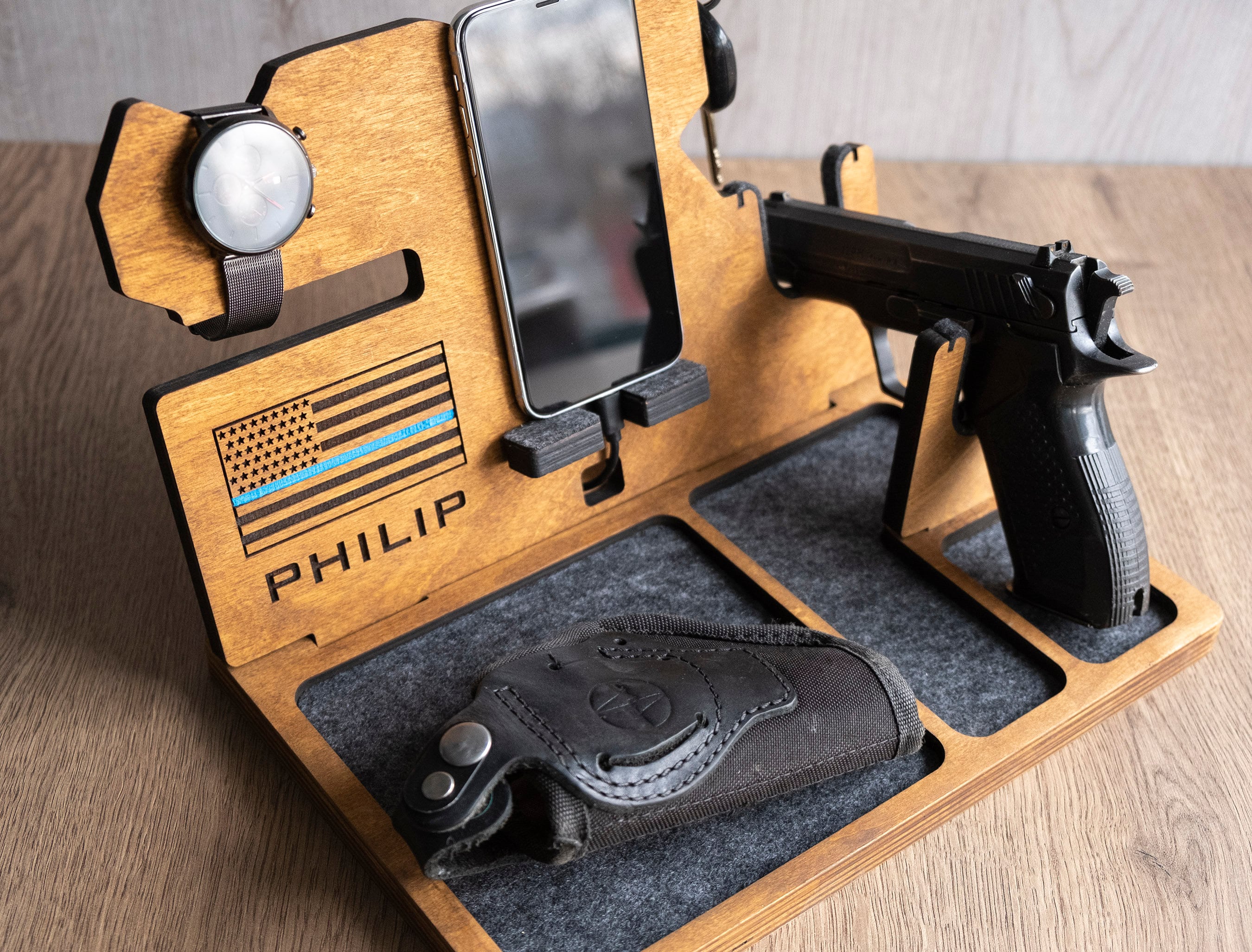 Wood Stand for Gun Nightstand Organizer With Gun Holder Police Etsy UK