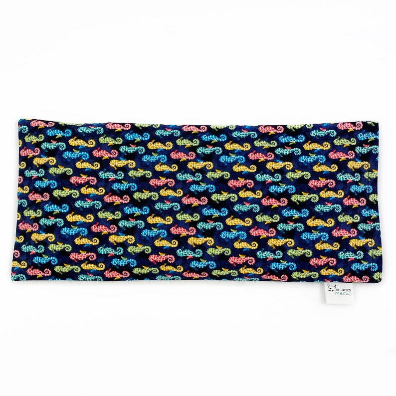 Eye Pillow/Three Sectioned/Washable Cover/ Dance of the Seahorses / Navy Blue / Multi-Colored Seahorses / Corn Eye Pillow / Warm or Cold Use image 1