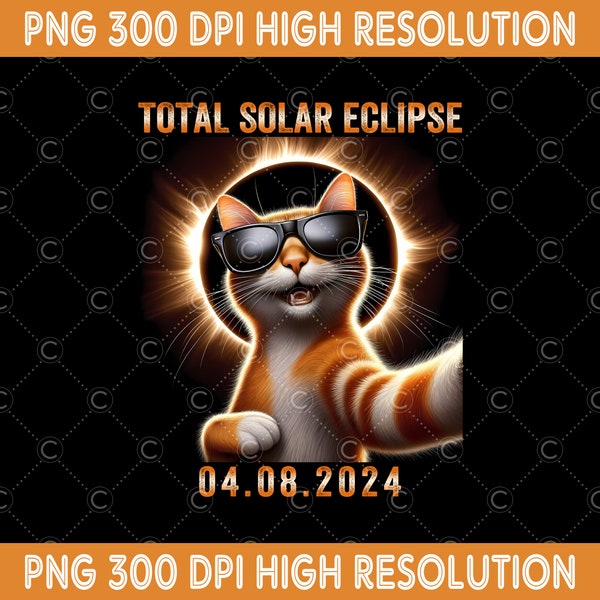 Éclipse totale de soleil 2024 PNG, 8 avril 2024 téléchargement numérique, chat prenant un selfie avec l'énergie solaire, éclipse avec des lunettes, sublimation éclipse