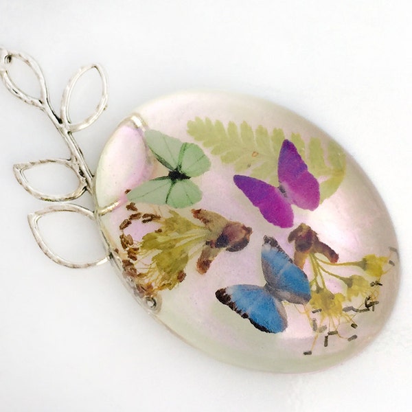 Real Flower Necklace with Real Fern, Real Maple buds & Faux Butterflies Preserved in Resin. Nature Jewelry, Eco Friendly