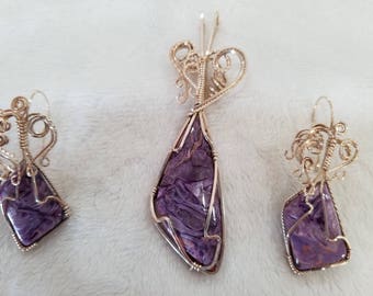 Wire-Wrapped Charoite Pendant and Earring Set