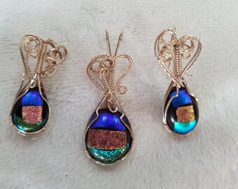 Wire-Wrapped Glass Fused Pendant and Earring Set