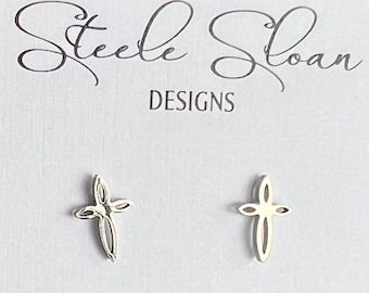 Silver Cross Earrings - Silver Small Cross Earrings, Silver Cross Earrings, Cute Earrings, Stud Earrings, Hypoallergenic Stainless Steel