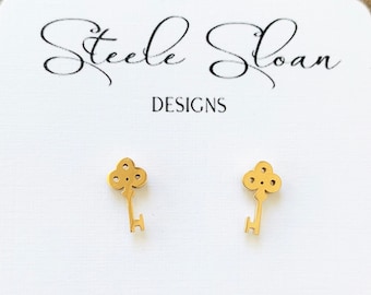 Key Earrings - Kappa Key, Kappa Gift, Cute Key Gold Stud Earrings, KKG gift, Golden Key Earrings, Hypoallergenic