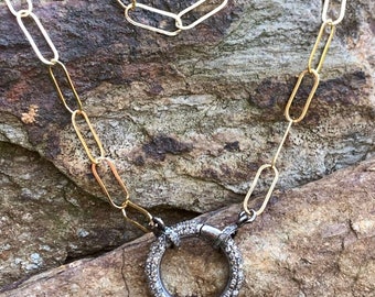 Circle Clasp Pave Diamond with Gold Filled Paperclip Chain