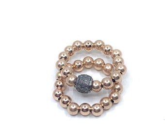 Rose Gold Bead Stack Ring Set with Pave Diamond Accent Bead