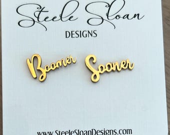 University of Oklahoma Boomer Sooner Gold Stud Earrings CUTE Gift for Oklahoma Sooners Fan Oklahoma Bound Oklahoma Gameday Hypoallergenic