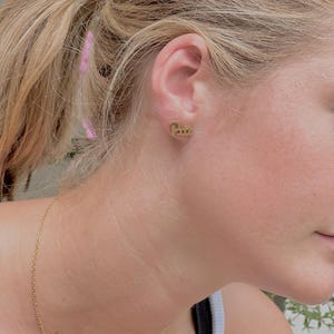 May include: Gold-colored stud earrings with the word "Pitt" in a cursive font. A delicate gold necklace with small letter pendants is also visible. The image focuses on the ear and neck of a person.