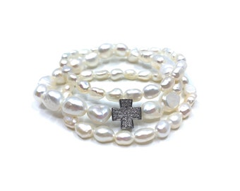 Pearl Bracelet with Diamond Cross -White Pearl and Pave Diamond Cross Stack Bracelet Set, Pave Diamond and Pearl Bracelet Stretch Bracelets
