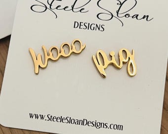 WOOO Pig Earrings | Arkansas Razorbacks Gold Studs, Hypoallergenic