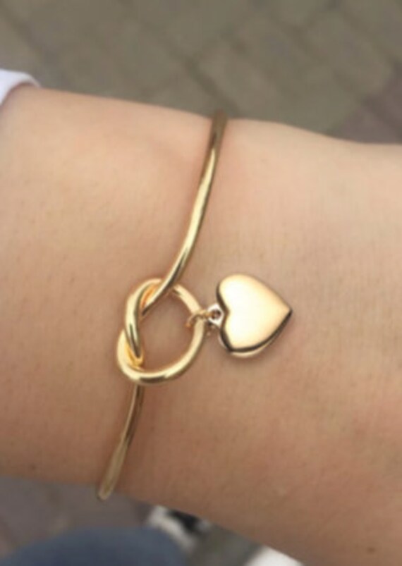 Knotted Bangle Bracelet with Heart Charm in Gold or Rose Gold - Valentine's Gift!
