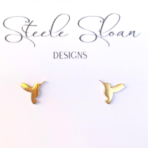 Tiny Hummingbird Earrings, Cute Earrings, Stud Earrings, Gold Stud Earrings, Hypoallergenic Stainless Steel