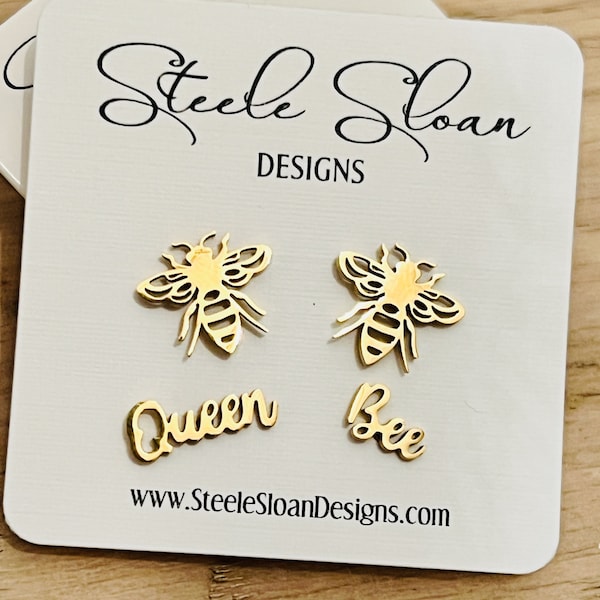 BEST Bee Gift! "Queen Bee" and Bee Gold Stud Earrings Set - Hypoallergenic Stainless Steel - perfect gift for your Queen Bee!