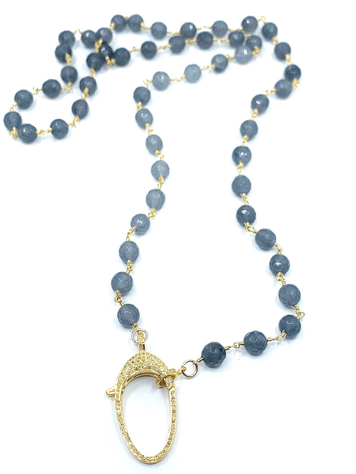 Extra Long Beaded Necklace in Gray Faceted Jade with Gold Pave Etsy