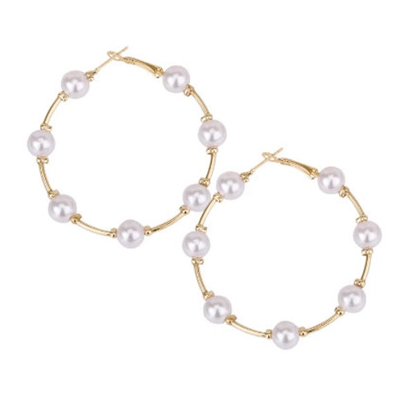 Large Gold and Pearl Hoop Earrings, Gold Hoop Earrings with Pearls - In Style!