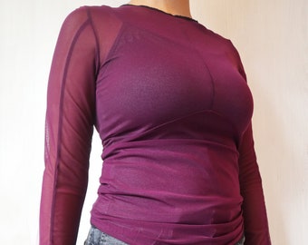 Longsleeve Purple Top Mesh Shirt Contrast Seams