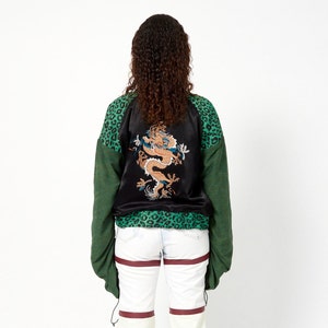 Upcycled Bomber Jacket Dragon Embroidery Green Leopard Oversize Ruched Sleeves with Drawstring image 2