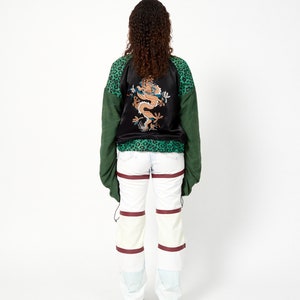 Upcycled Bomber Jacket Dragon Embroidery Green Leopard Oversize Ruched Sleeves with Drawstring image 3