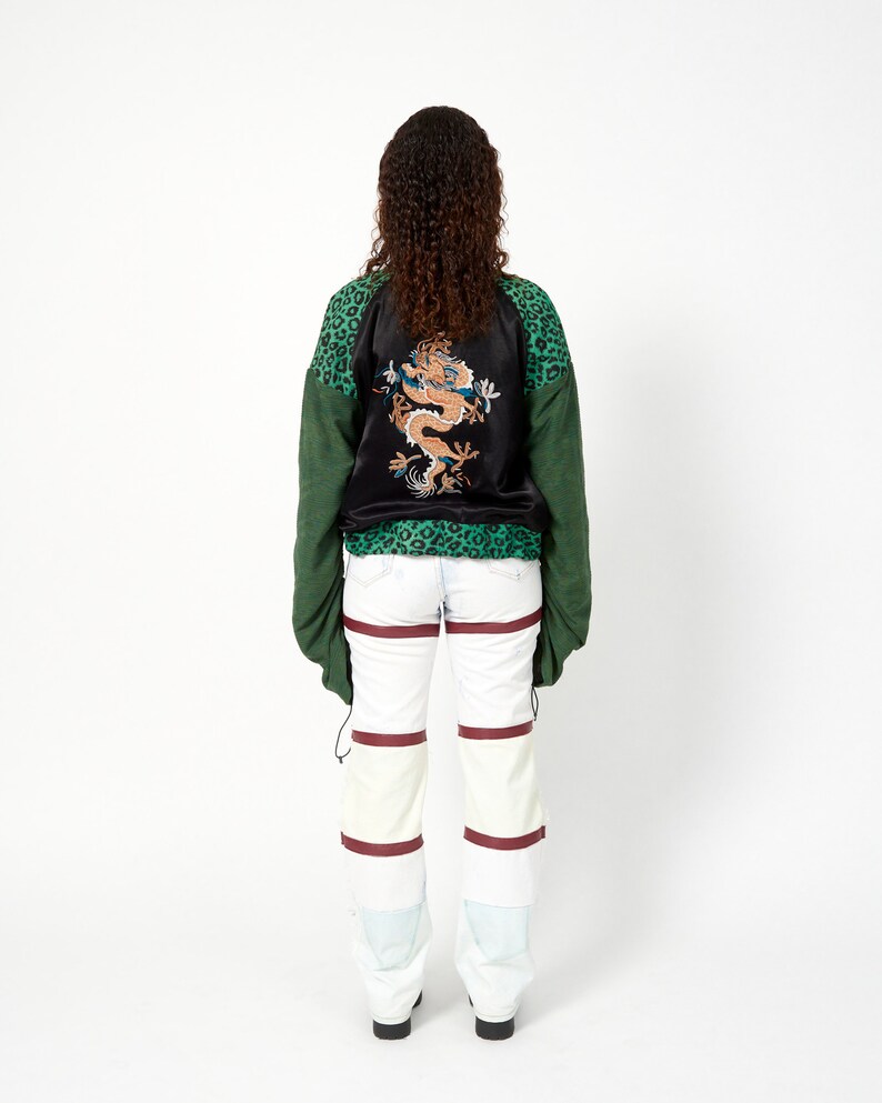 Upcycled Bomber Jacket Dragon Embroidery Green Leopard Oversize Ruched Sleeves with Drawstring image 3