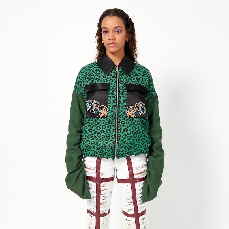 Upcycled Bomber Jacket Dragon Embroidery Green Leopard Oversize Ruched Sleeves with Drawstring image 1