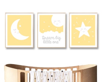 Nursery Print Art, Dream Big Moon Star Digital Printable Wall Art Poster, Yellow Baby Girl Boy, Typographic, Love Quote  / INSTANT DOWNLOAD