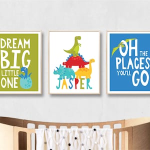 Dinosaur Nursery Art Name Print Dinosaurs Custom Digital Printable Blue Baby Boy Dream Big Quote Typographic Personalised Personalized