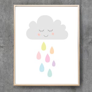 May include: A gray cloud with a smiling face and closed eyes is raining down colorful raindrops in shades of pink, yellow, blue, and purple.