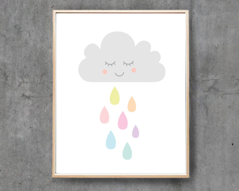 May include: A gray cloud with a smiling face and closed eyes is raining down colorful raindrops in shades of pink, yellow, blue, and purple.