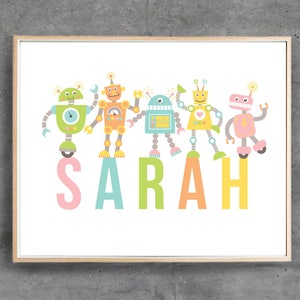 Robot Nursery Print, Printable Name Art, Personalised Custom Digital Print Pink, Nursery Baby Girl, Robot room wall decor / DIGITAL FILE