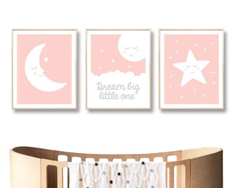 Nursery Print Art, Dream Big Moon Star Digital Printable Wall Art Poster, Unisex Grey Baby Girl Boy, Typographic Quote  / INSTANT DOWNLOAD