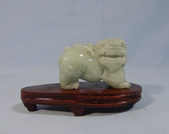 Antique Shoushan stone hand carved foo dog on display wood stand c.early 1900s