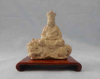 Antique Shoushan stone hand carved foo dog on display wood stand c.early 1900s