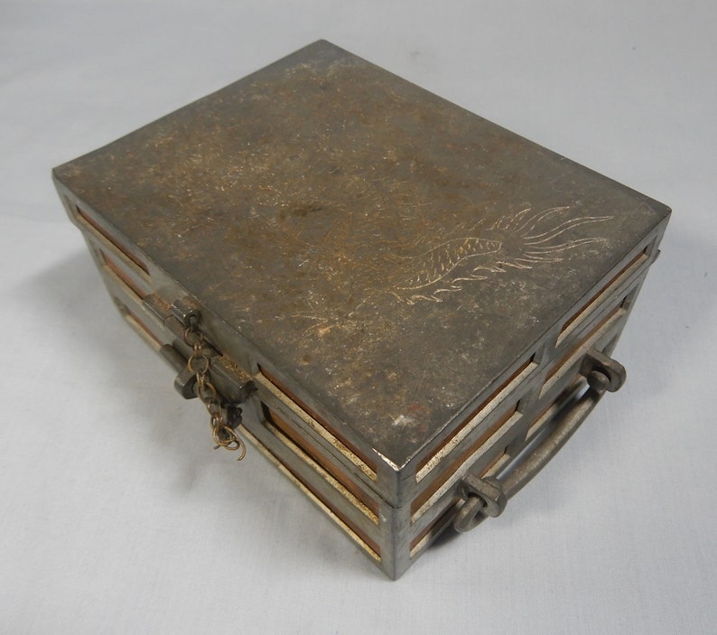 Antique Chinese metal box dragon engravings circa mid 20 Century retired