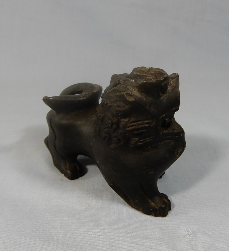 Antique Shoushan stone hand carved foo dog on display wood stand c.early 1900s