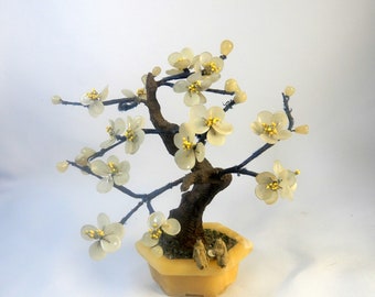 Antique Jade Stone hand carved flower bonsai tree on agate pot mudman circa mid 20th Century unused from old stock RARE FIND