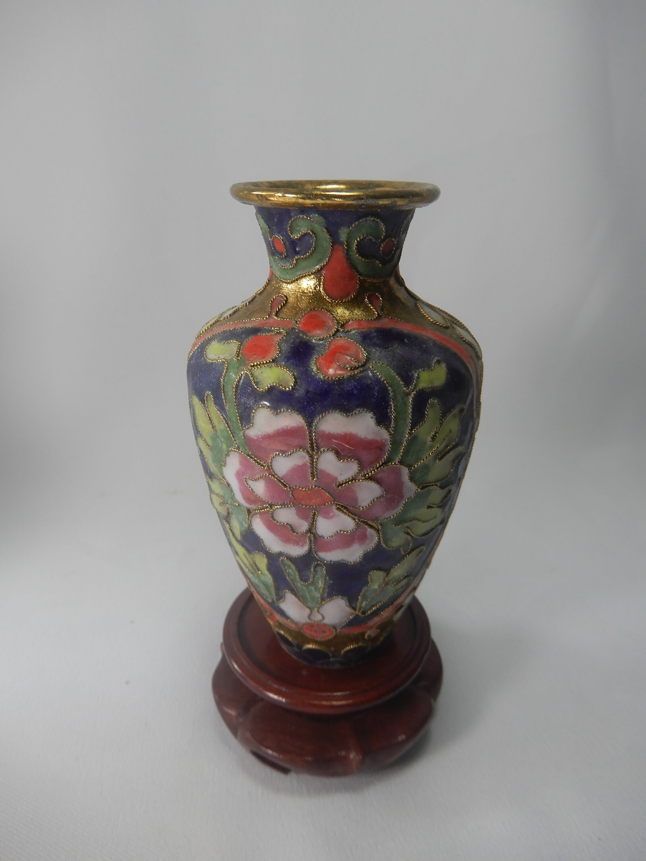 ヴィンテージの中国製ミニチュア七宝焼き花瓶スタンド 3個セット 20