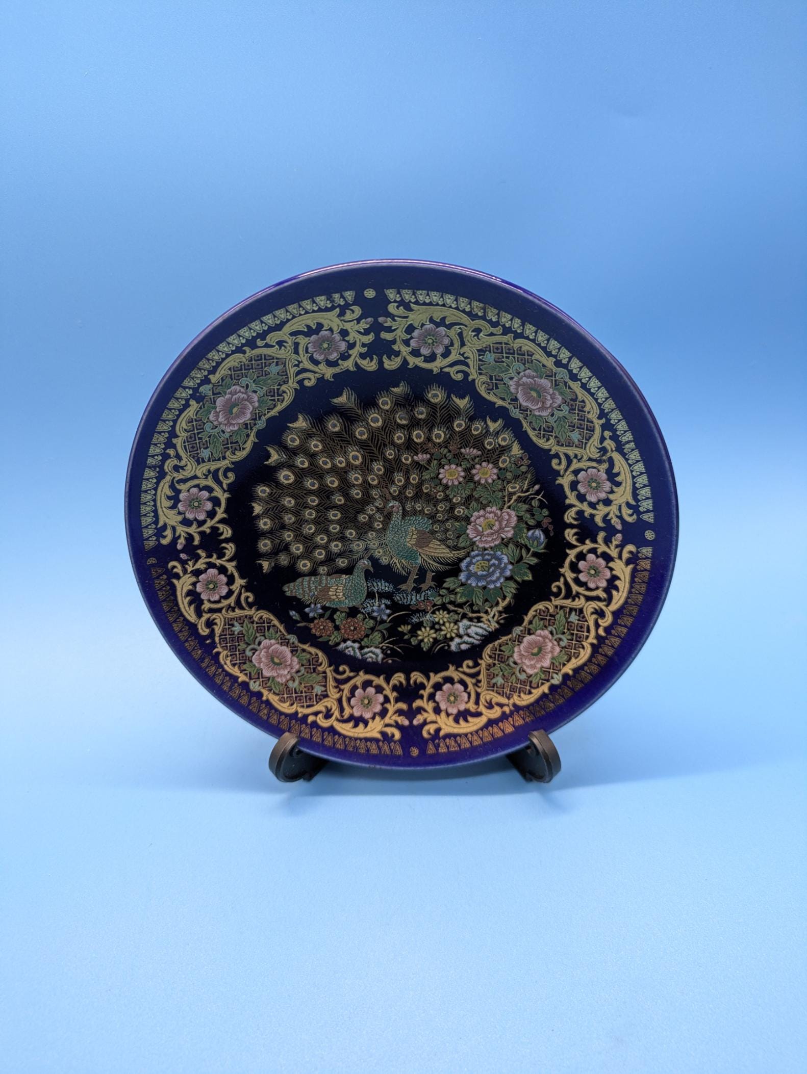 Vintage Moroccan Taous Peacock Cobalt Blue Porcelain Plate With