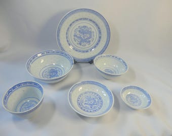 Vintage Blue Dragon Rice Eye Porcelain Bowl, Chinese Dishware