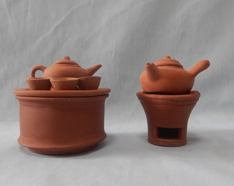 Vintage Chinese dollhouse miniature tea herbal pots charcoal stove cups mid 20 Century retired