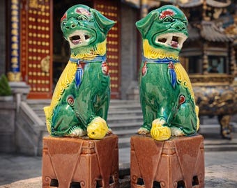 Vintage Chinese Porcelain Foo Dogs: Green & Yellow Temple Guardians