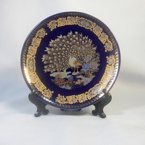 Vintage Moroccan Taous Peacock Cobalt Blue Porcelain Plate with easel circa: mid 20th Century Pause USA shipping